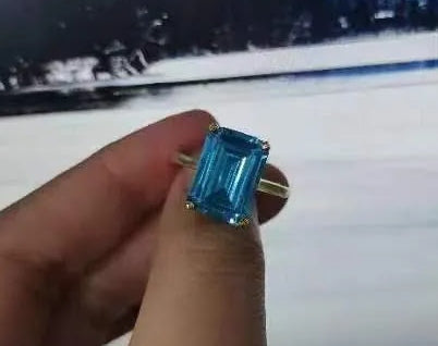 6ct Emerald-Cut Blue Aquamarine Solitaire Ring