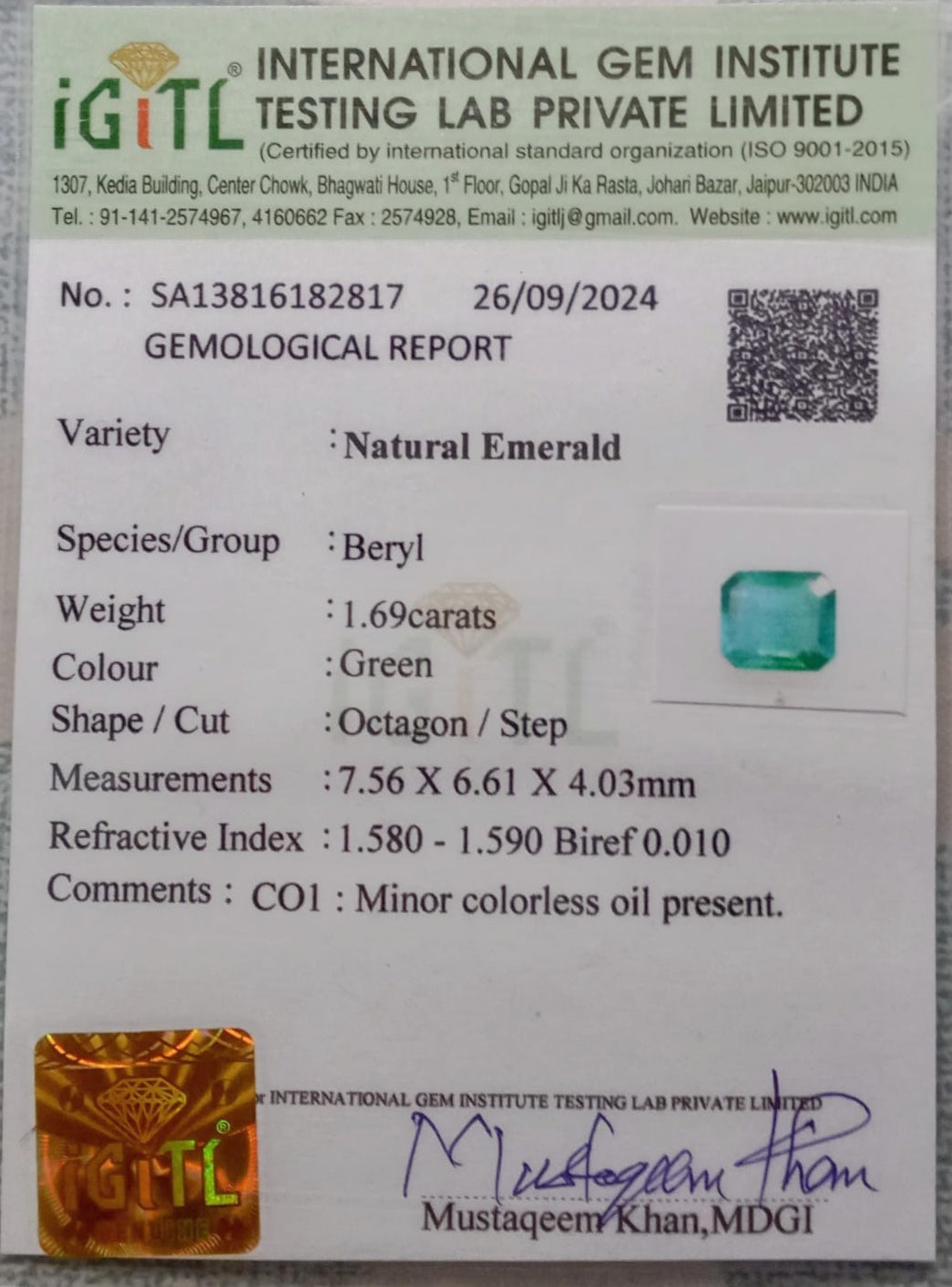 Natural Certified Emerald 1.69cts 11-24-15-EM71