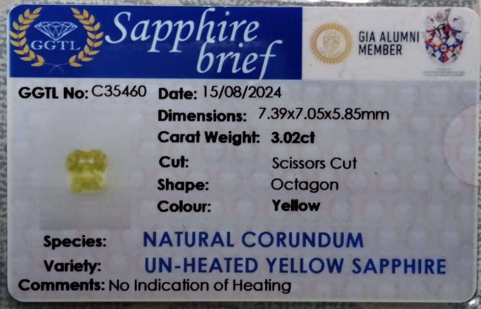 Natural Unheated Certified Yellow Sapphire 3.02cts 11-24-2-YS617