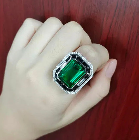 12ct Emerald-Cut Green Sapphire Art Deco Ring