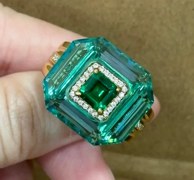 Exquisite 2ct Emerald Cut Emerald & Aquamarine Engagement Ring with Nested Design