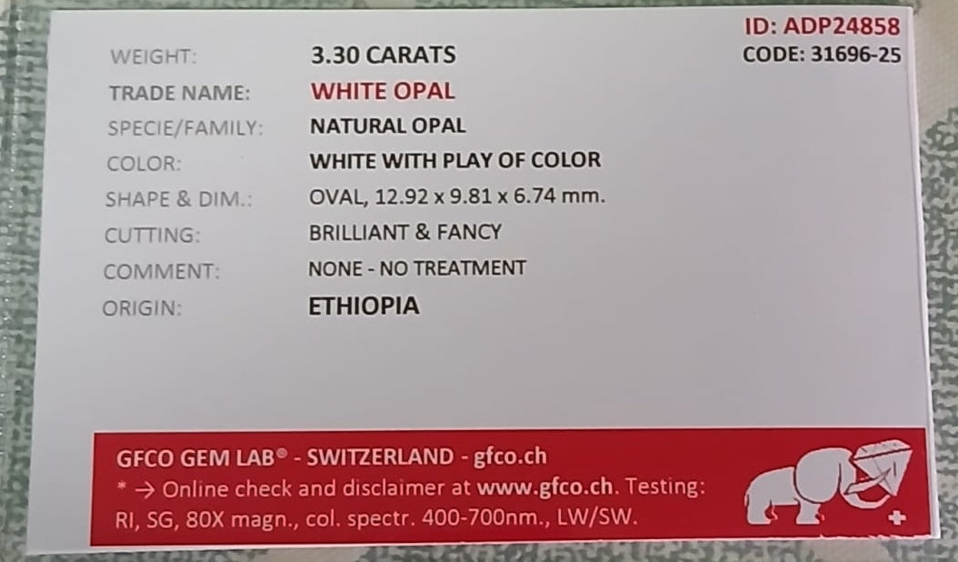 Natural Certified White Opal: Frost light Spark 3.30cts- WO10 (24)