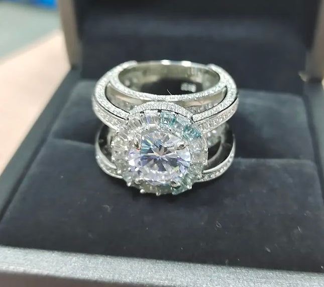 Spectacular 6ct White Sapphire Engagement Ring with Sunburst Halo & Pavé Split Shank