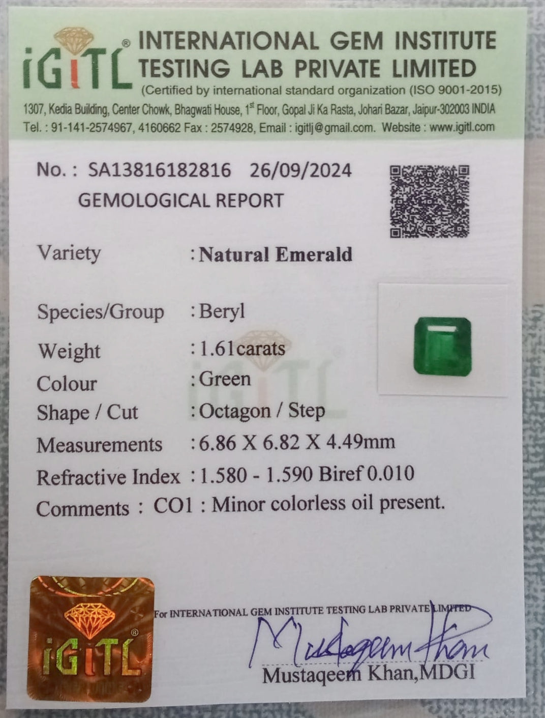 Natural Certified Emerald 1.61cts 11-24-14-EM67