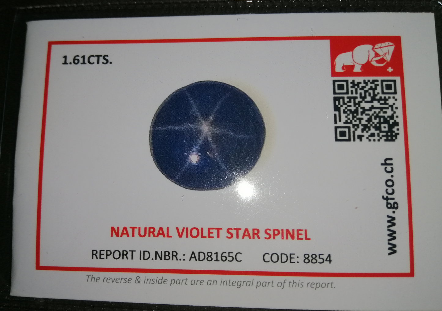 Swiss Lab Certified 1.61ct Natural Violet Star Spinel Gemstone