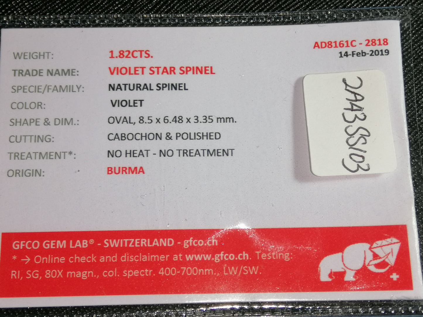 Natural Star Spinel: Cosmic Gem 1.82cts- 2A43SS103 (24)