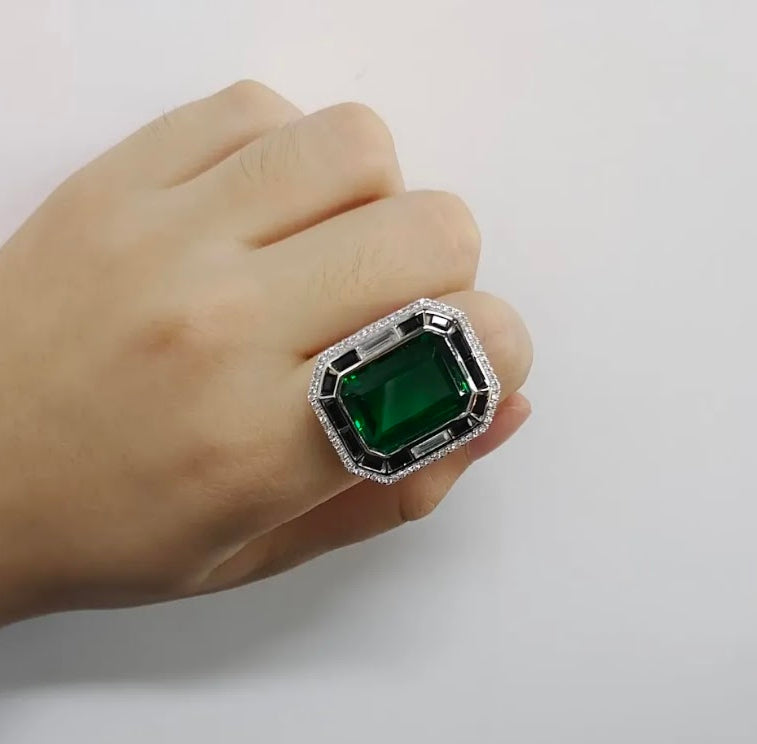 12ct Emerald-Cut Green Sapphire Art Deco Ring