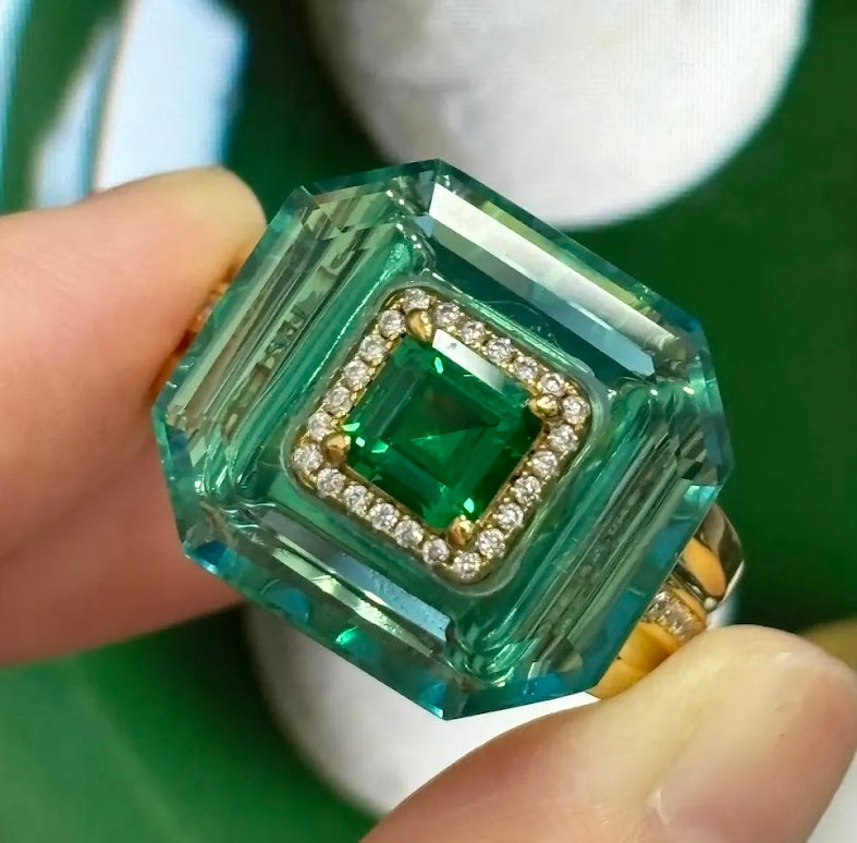 Exquisite 2ct Emerald Cut Emerald & Aquamarine Engagement Ring with Nested Design