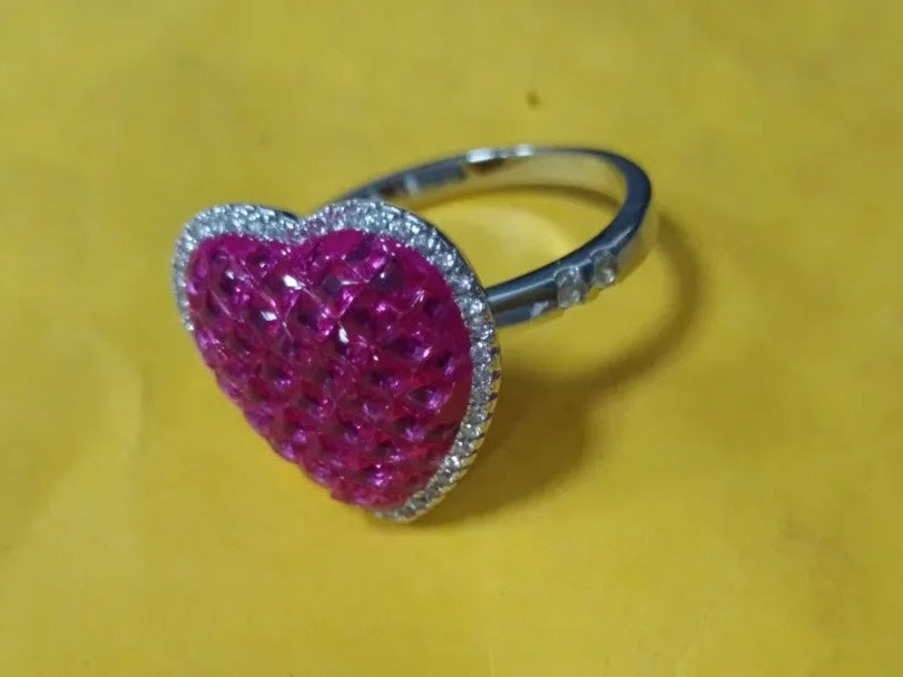 Heart-Shaped Invisible Setting Ruby Sapphire Ring