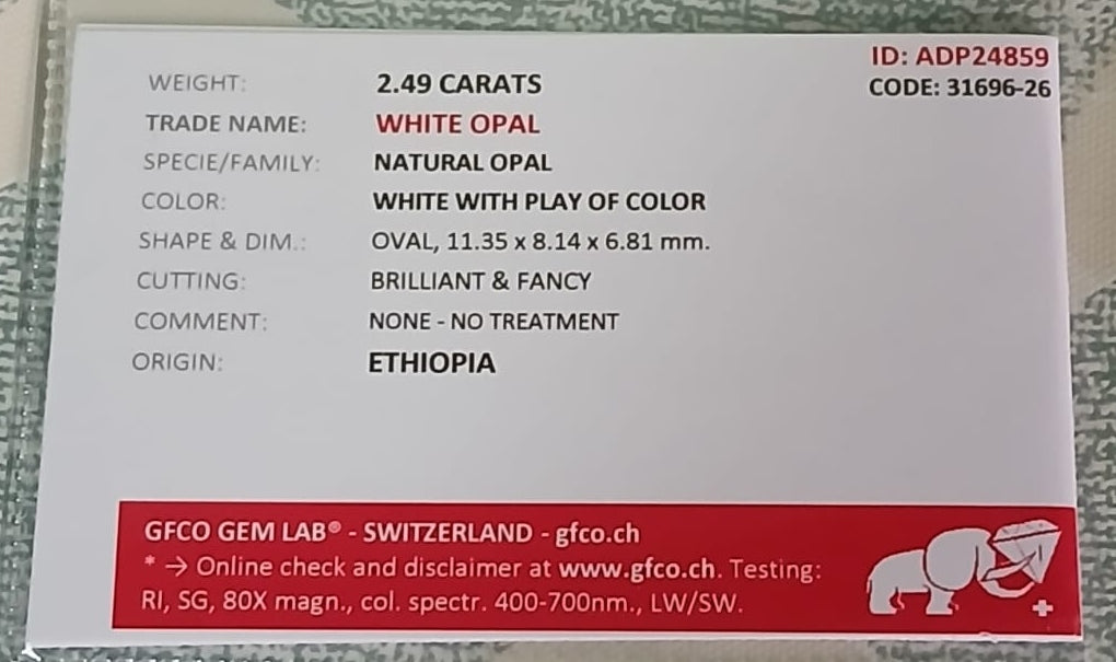 Natural Certified White Opal: Opaline Glacial Glow 2.49cts- WO12 (24)