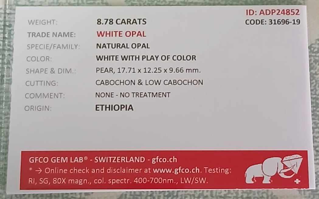 Natural Certified White Opal: Opulent Opalescence 8.78cts- WO8 (24)