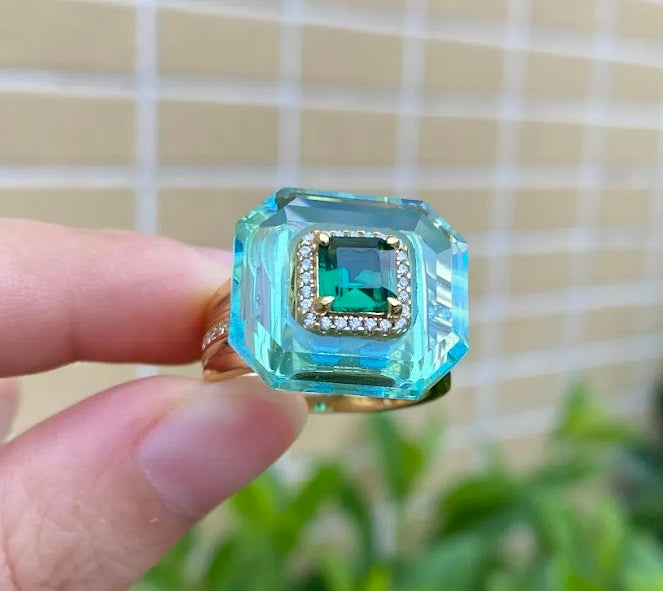 Exquisite 2ct Emerald Cut Emerald & Aquamarine Engagement Ring with Nested Design