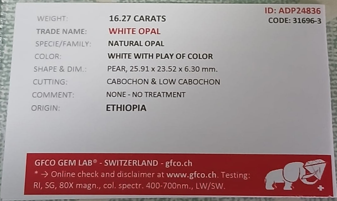 Natural Certified White Opal: Enchanted Luminance 16.27cts- WO24 (24)