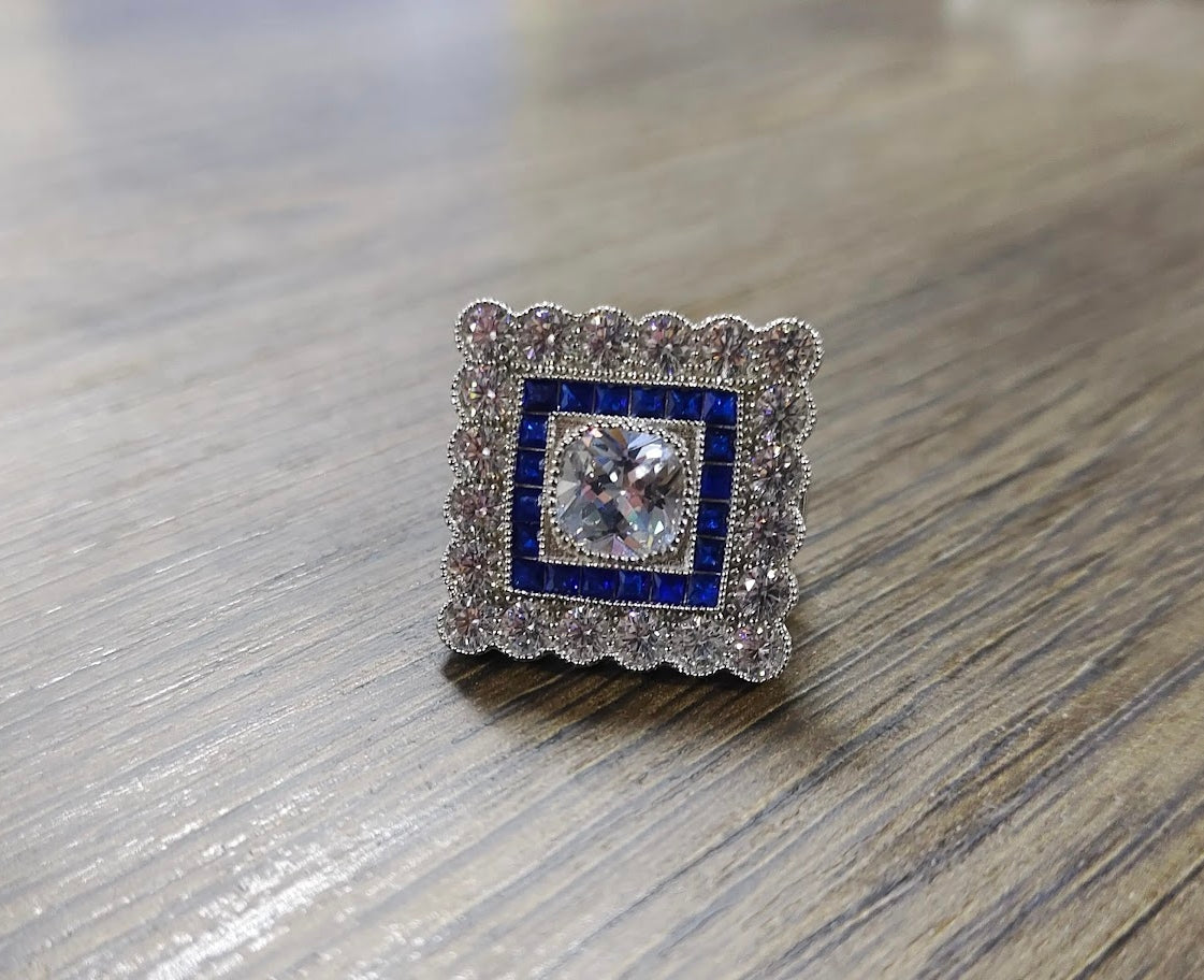 5 Carat Cushion-Cut White Sapphire Art Deco Halo Ring