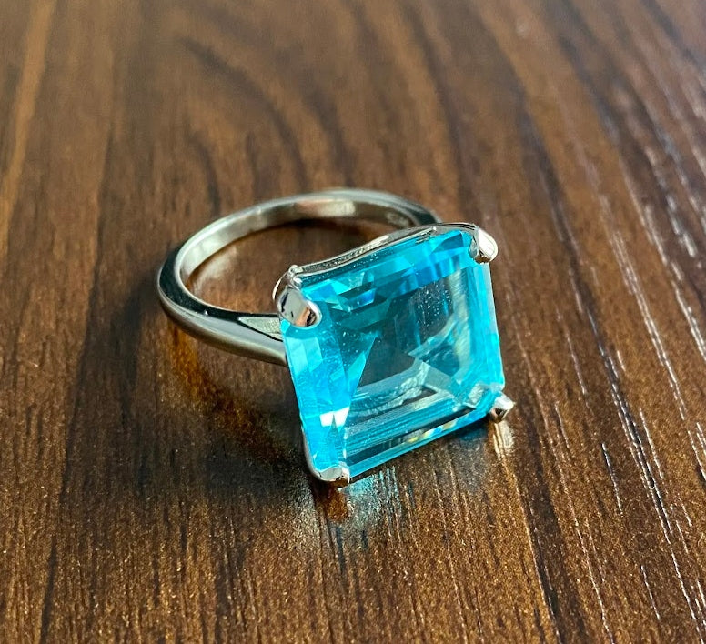 8 Carat Emerald - Cut Aquamarine Sapphire Engagement Ring