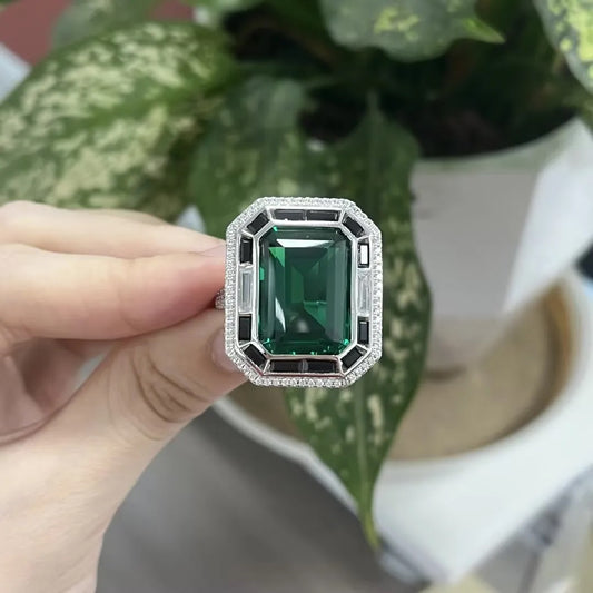 12ct Emerald-Cut Green Sapphire Art Deco Ring