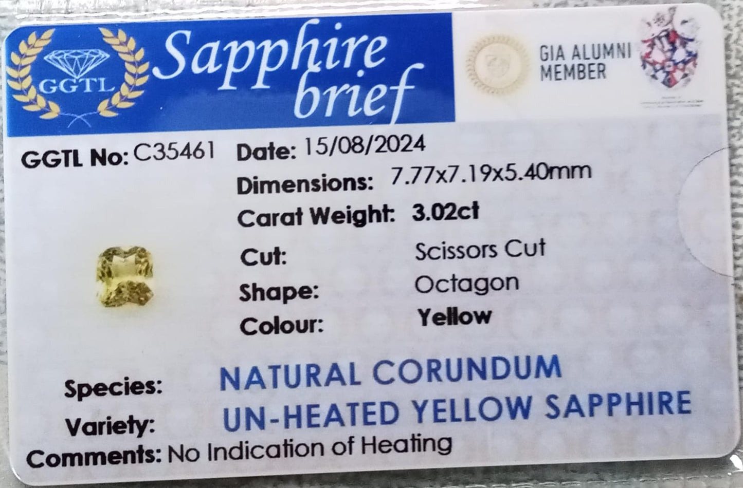 Natural Unheated Certified Yellow Sapphire 3.02cts 11-24-1-YS617