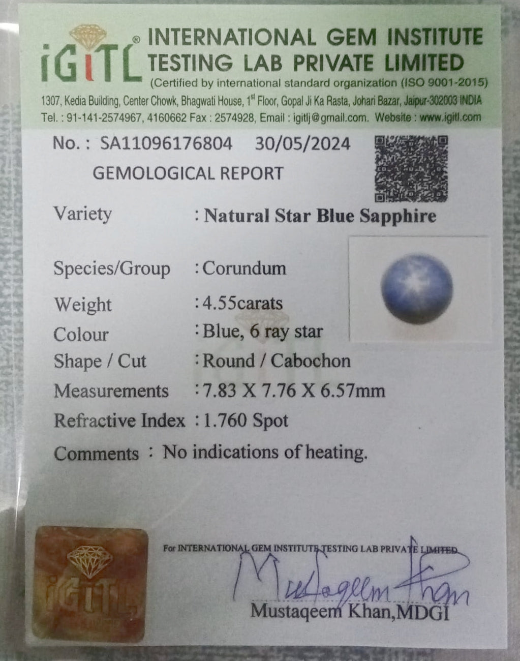 Natural Certified Star Blue Sapphire 4.55cts 11-24-1-BSS30
