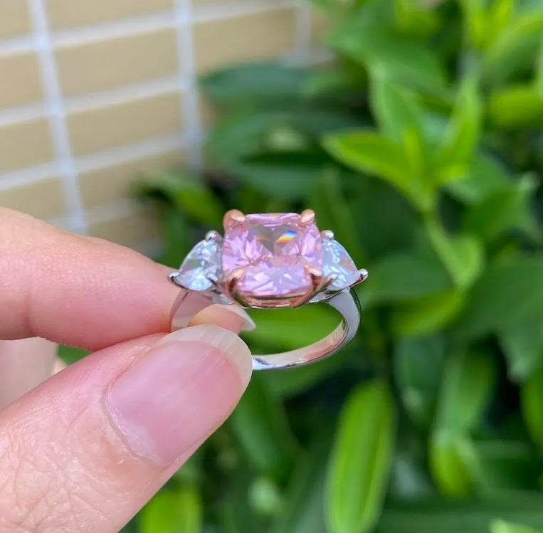 3 Carat Cushion-Cut Pink Sapphire Three-Stone Ring