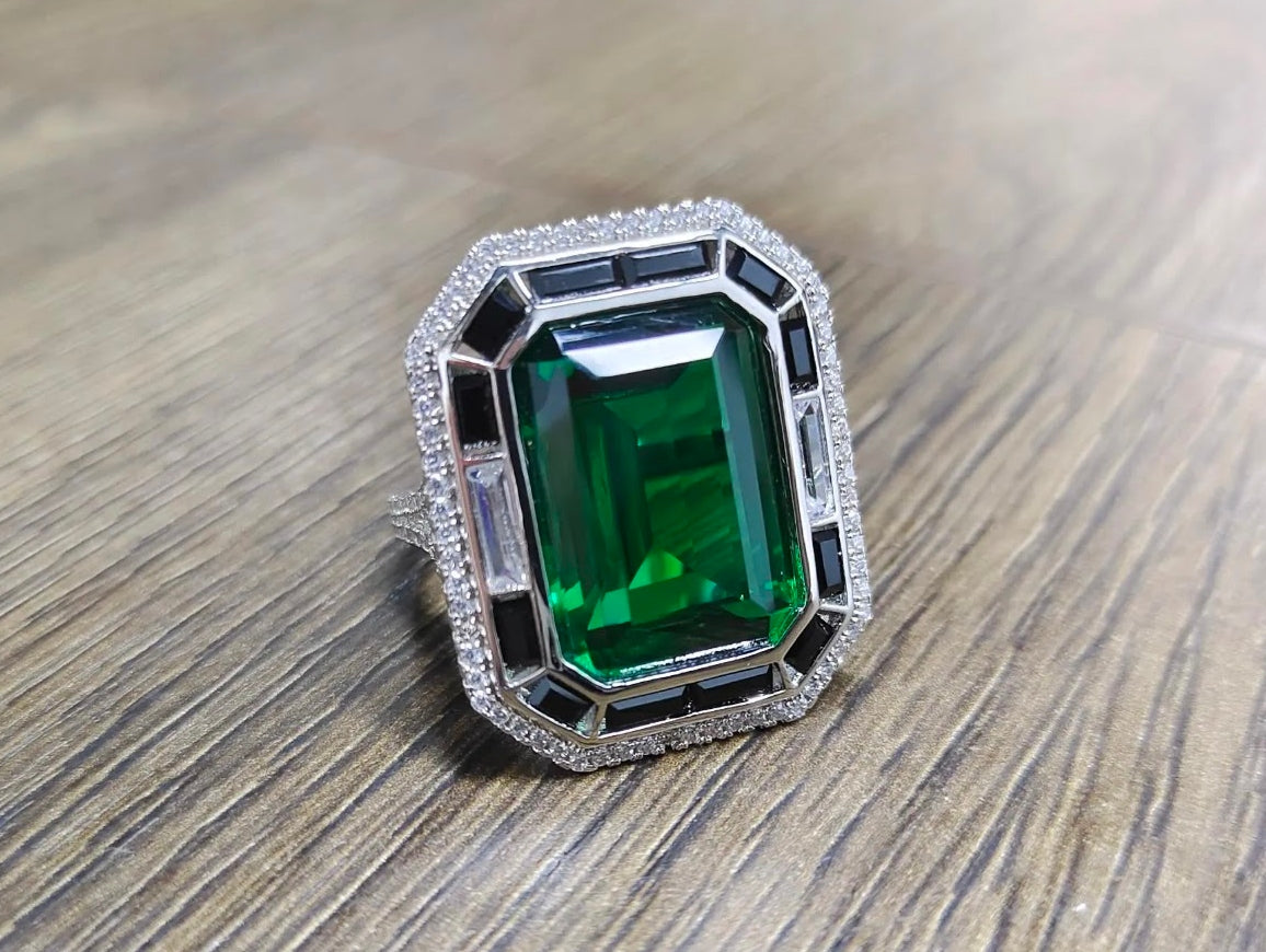 12ct Emerald-Cut Green Sapphire Art Deco Ring