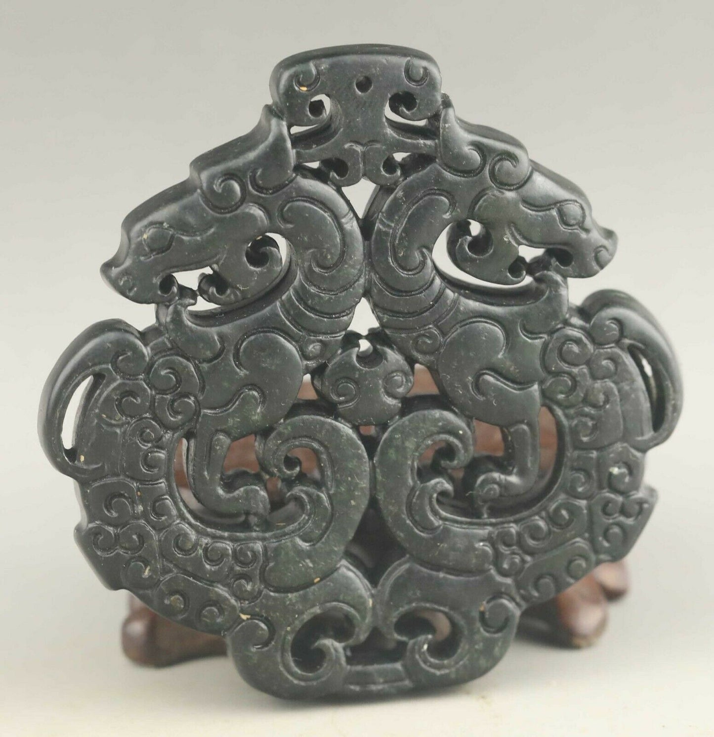 Chinese old natural jade hand-carved statue double dragon pendant 3 inch
