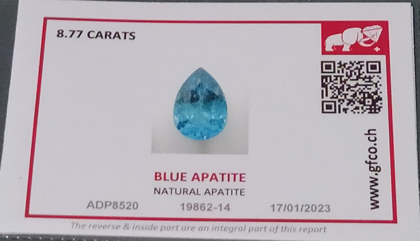 Swiss Lab Certified 8.77ct Splendid Pear Shape Natural Neon Blue Apatite Gemstone