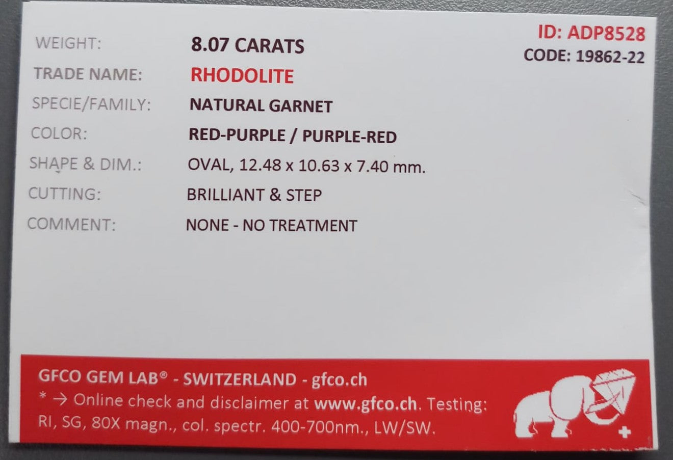 Swiss Lab Certified 8.07ct Red-Purple Oval Natural Rhodolite Gemstone