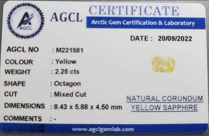 Certified 2.25cts Octagon Natural Yellow Sapphire Gemstone