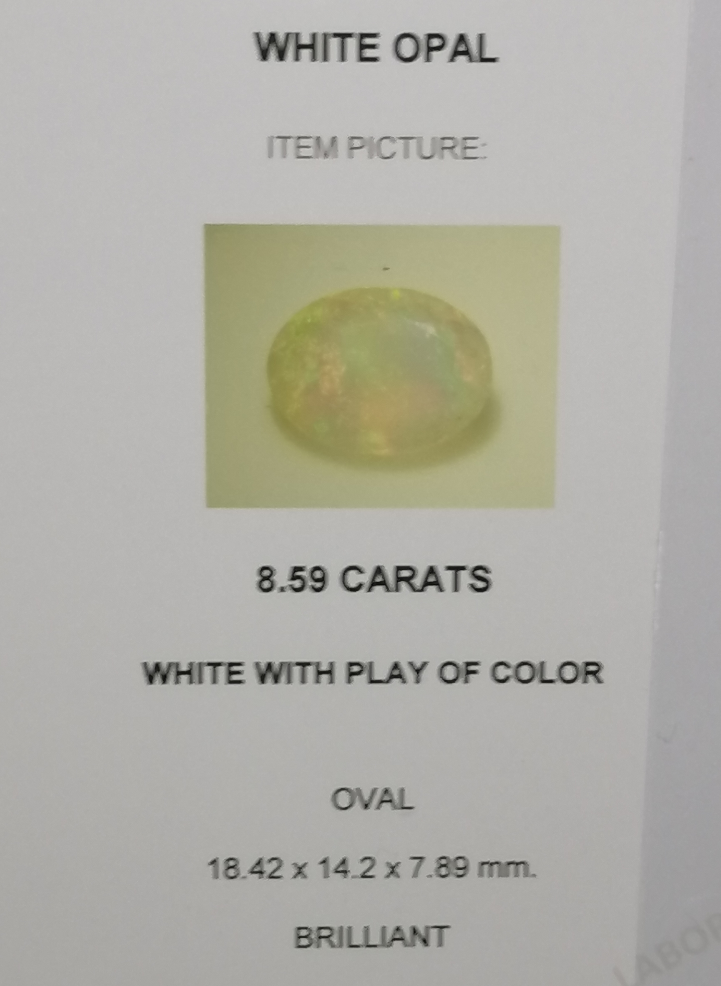 Swiss Lab Certified 8.59ct Ethiopian Natural White with Play of Color Opal Gemstone