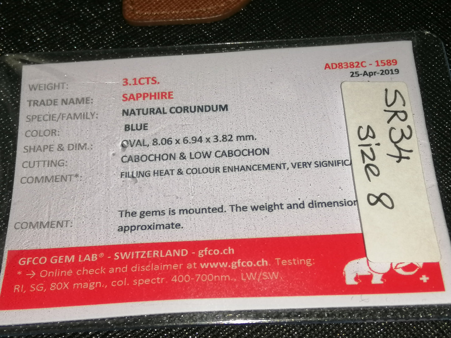 Natural Swiss Lab Certified Sapphire (SIZE 7.5) SR34