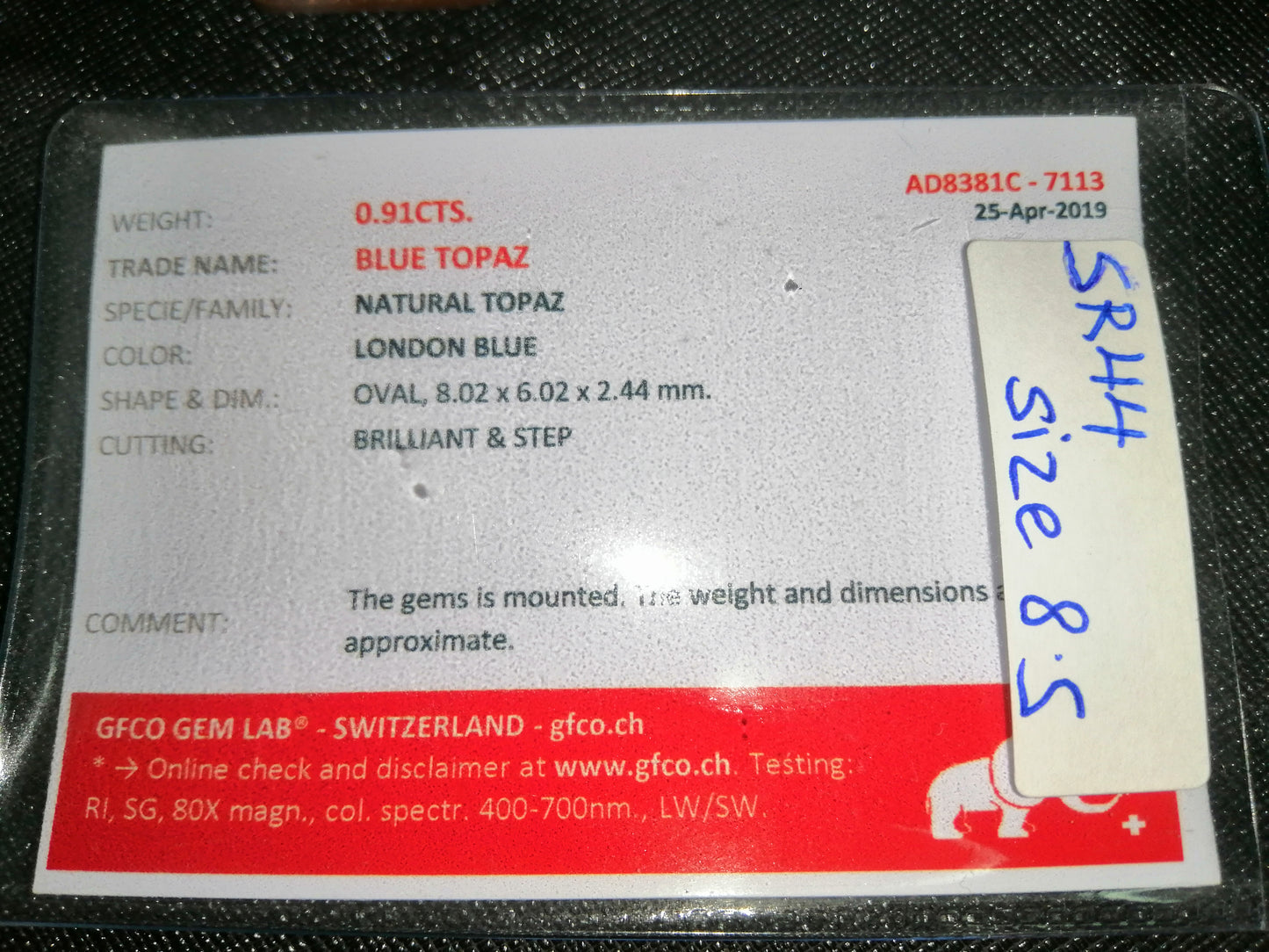 Natural Swiss Lab Certified Blue Topaz (SIZE 8.5) SR44