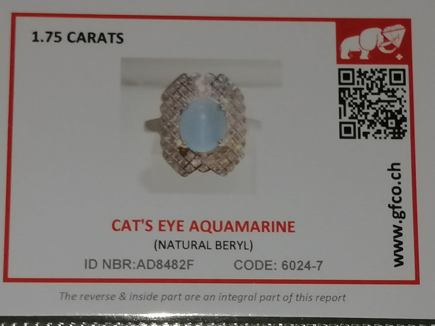 Natural Swiss Lab Certified Cats Eye Aquamarine (SIZE 7.5) SR66