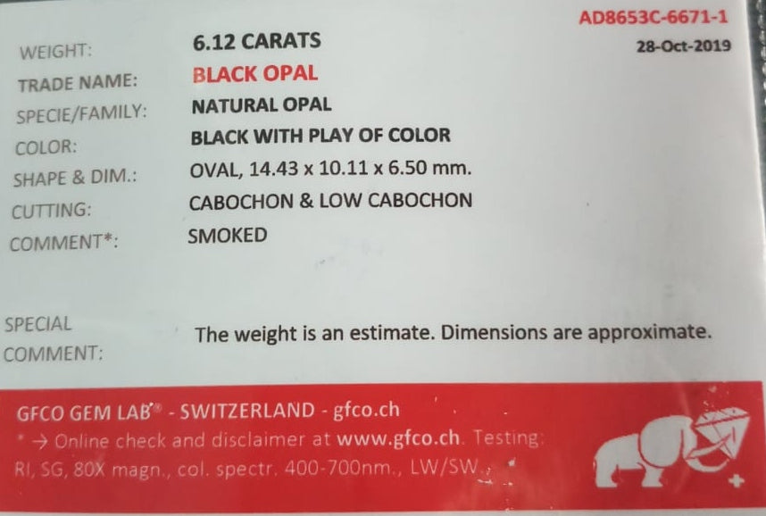 Natural SWISS LAB CERTIFIED RING with Black Opal (SIZE 10) SR84