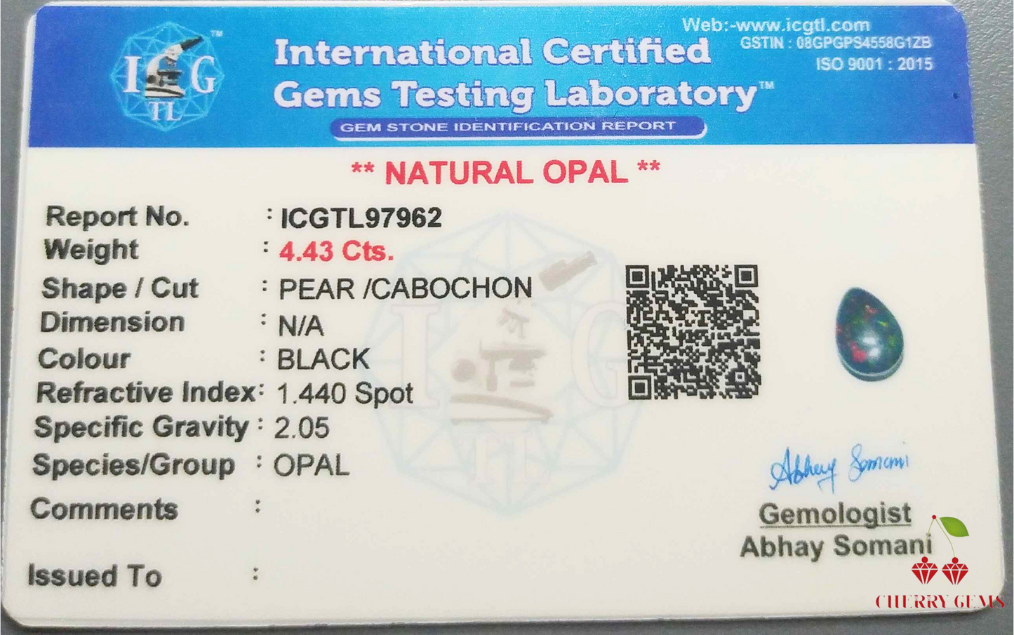 Certified Natural Opal Black 4.43cts Gemstone - Available for Ring Setting