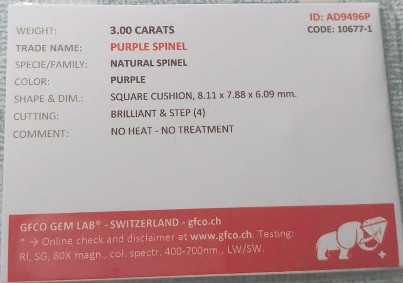 Natural Certified Spinel: Amethystine Spinel 3.00cts- SP4 (24)