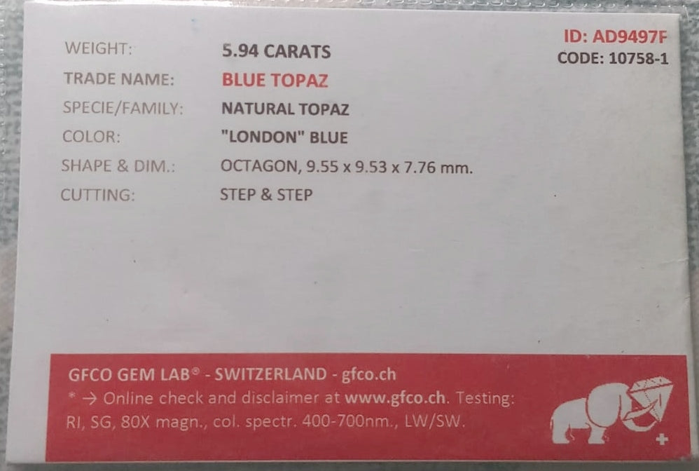Natural Swiss Lab Certified Blue Topaz: Azure Majesty 5.94cts- BTZ1 (24)