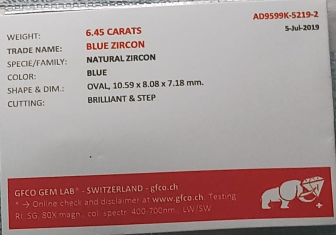 Natural Certified Blue Zircon: Cyan Elegance 6.45cts- ZR24 (24)
