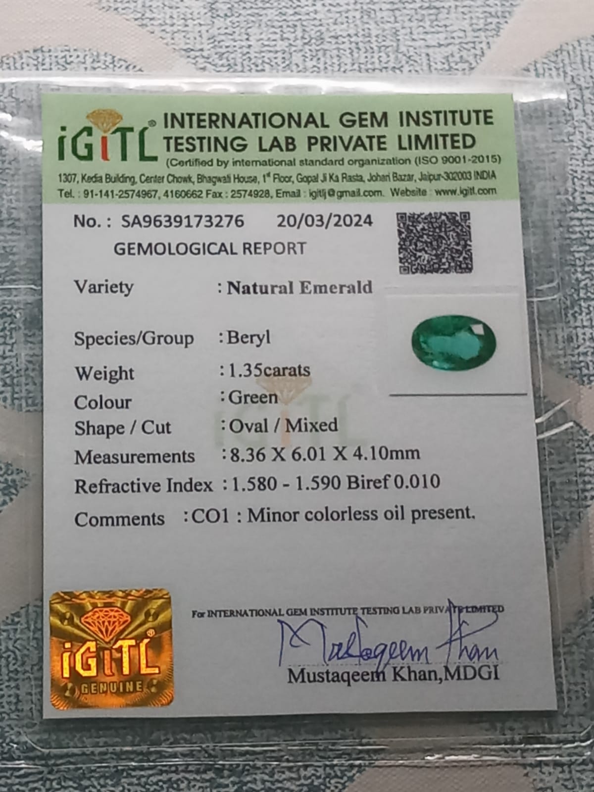 Natural Certified Emerald 1.35cts- EM84