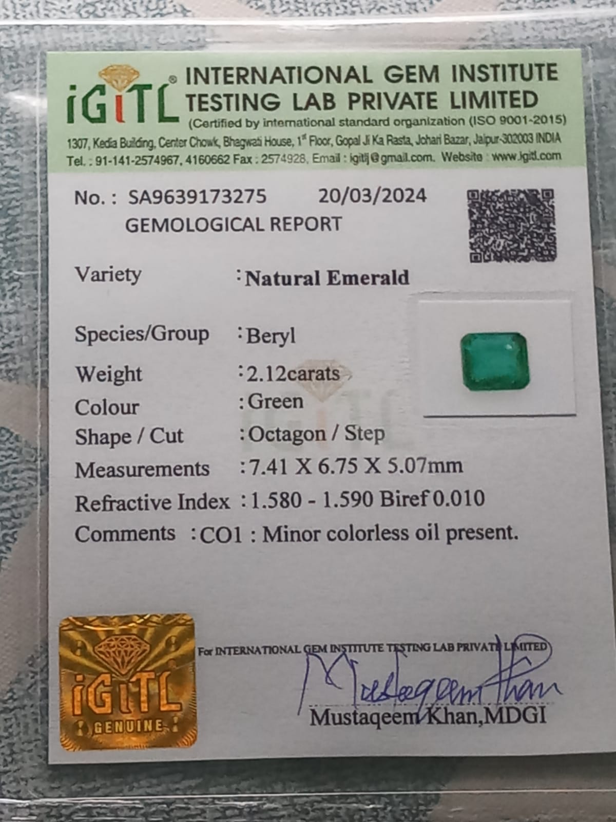 Natural Emerald Certified: Green Grace 2.12cts- EM133