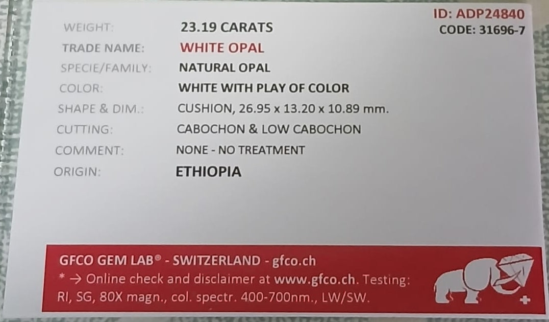 Natural Certified White Opal: Purity’s Radiance 23.3cts- WO26 (24)