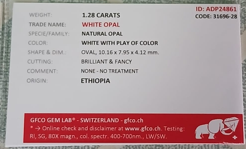 Natural Certified White Opal: Opaline Luminosity 1.28cts- WO14 (24)