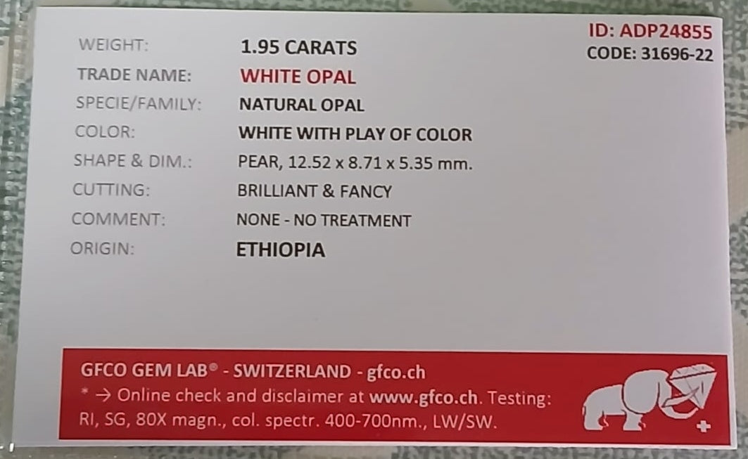 Natural Certified White Opal: Opalescent Mirage 1.95cts- WO18 (24)