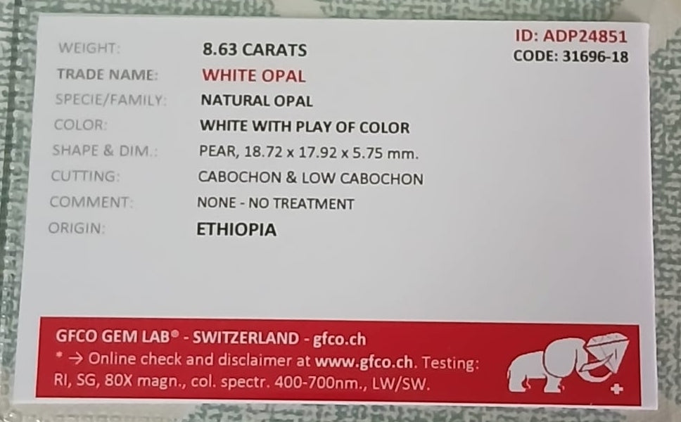 Natural Certified White Opal: Opalescent Elysium 8.63cts- WO7 (24)
