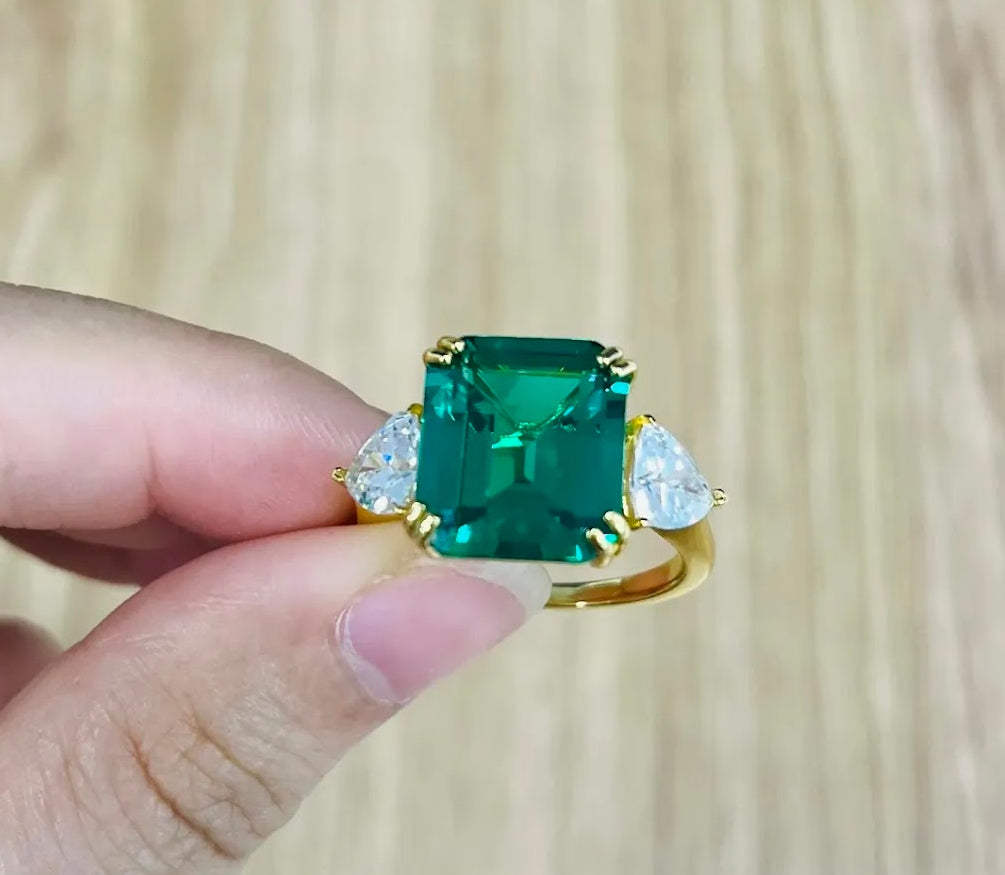 10ct Emerald-Cut Green Sapphire Three-Stone Ring
