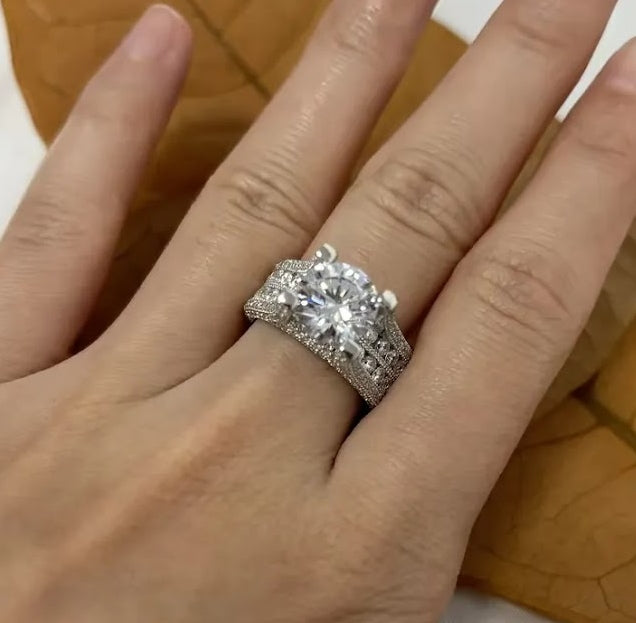 Grand 3ct Round White Sapphire Engagement Ring with Ornate Vintage Inspired Band