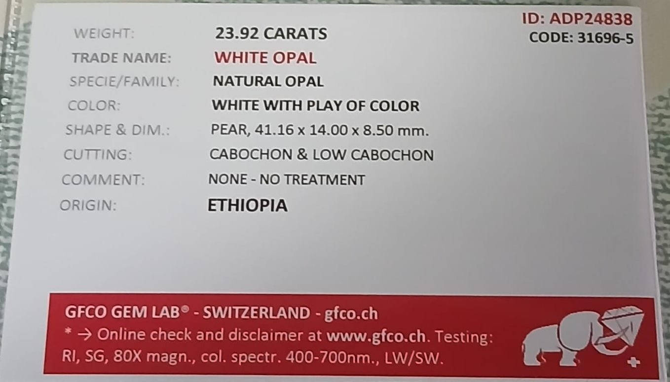 Natural Certified White Opal: Ethereal Ice Shard 23.92cts- WO29 (24)