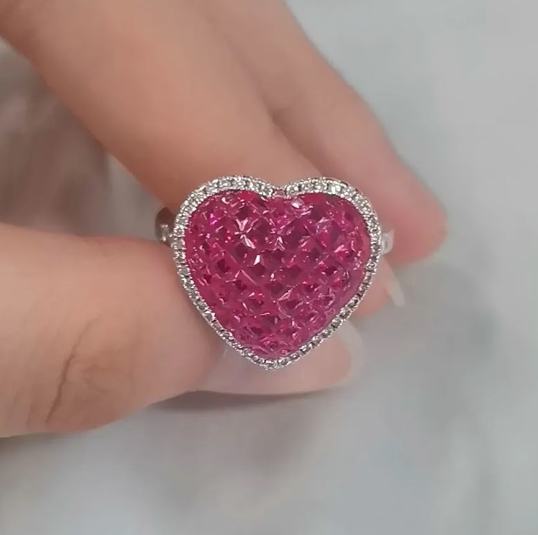 Heart-Shaped Invisible Setting Ruby Sapphire Ring