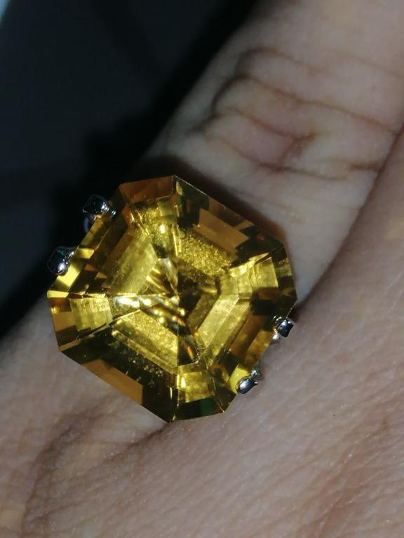Asscher Citrine with Side Moissanites with half pave 9k Gold Ring