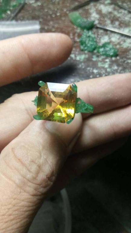 Asscher Citrine with Side Moissanites with half pave 9k Gold Ring