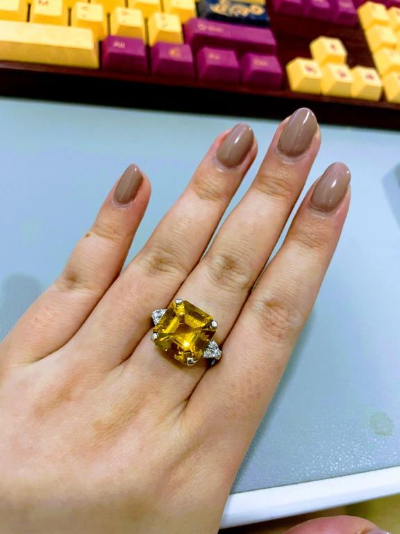 Asscher Citrine with Side Moissanites with half pave 9k Gold Ring